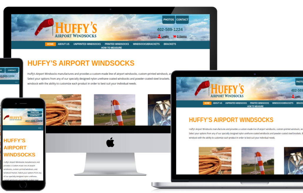 huffyswindsocks.com screenshots shown on responsive device sizes