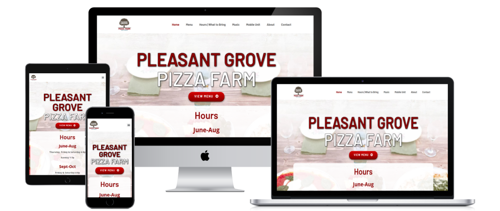 pleasantgrovepizzafarm.com screenshots shown on responsive device sizes