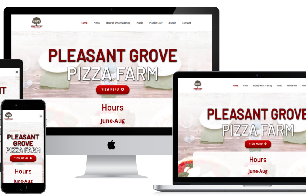 pleasantgrovepizzafarm.com screenshots shown on responsive device sizes