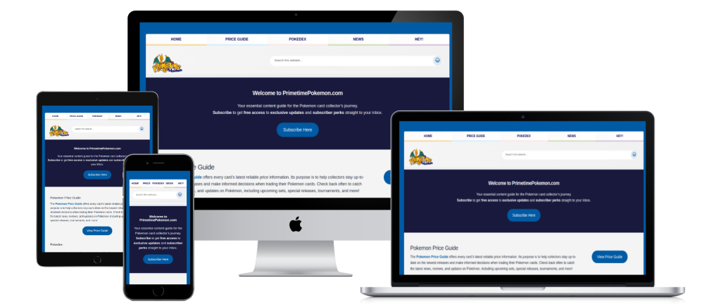 primetimepokemon.com screenshots shown on responsive device sizes