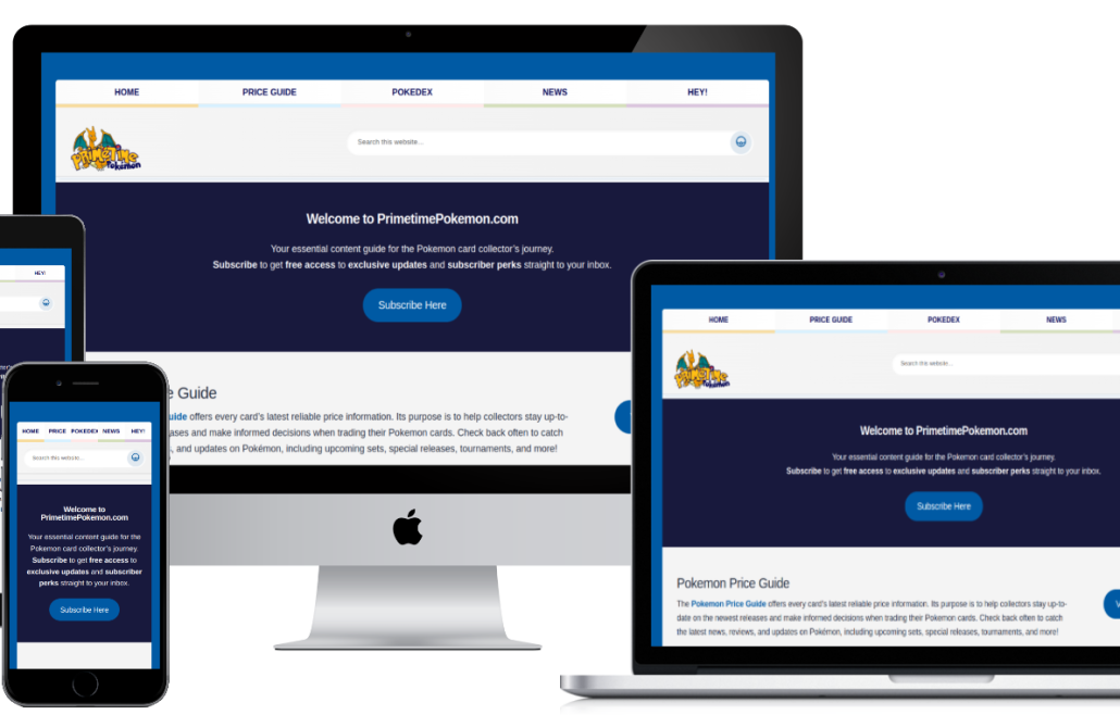 primetimepokemon.com screenshots shown on responsive device sizes
